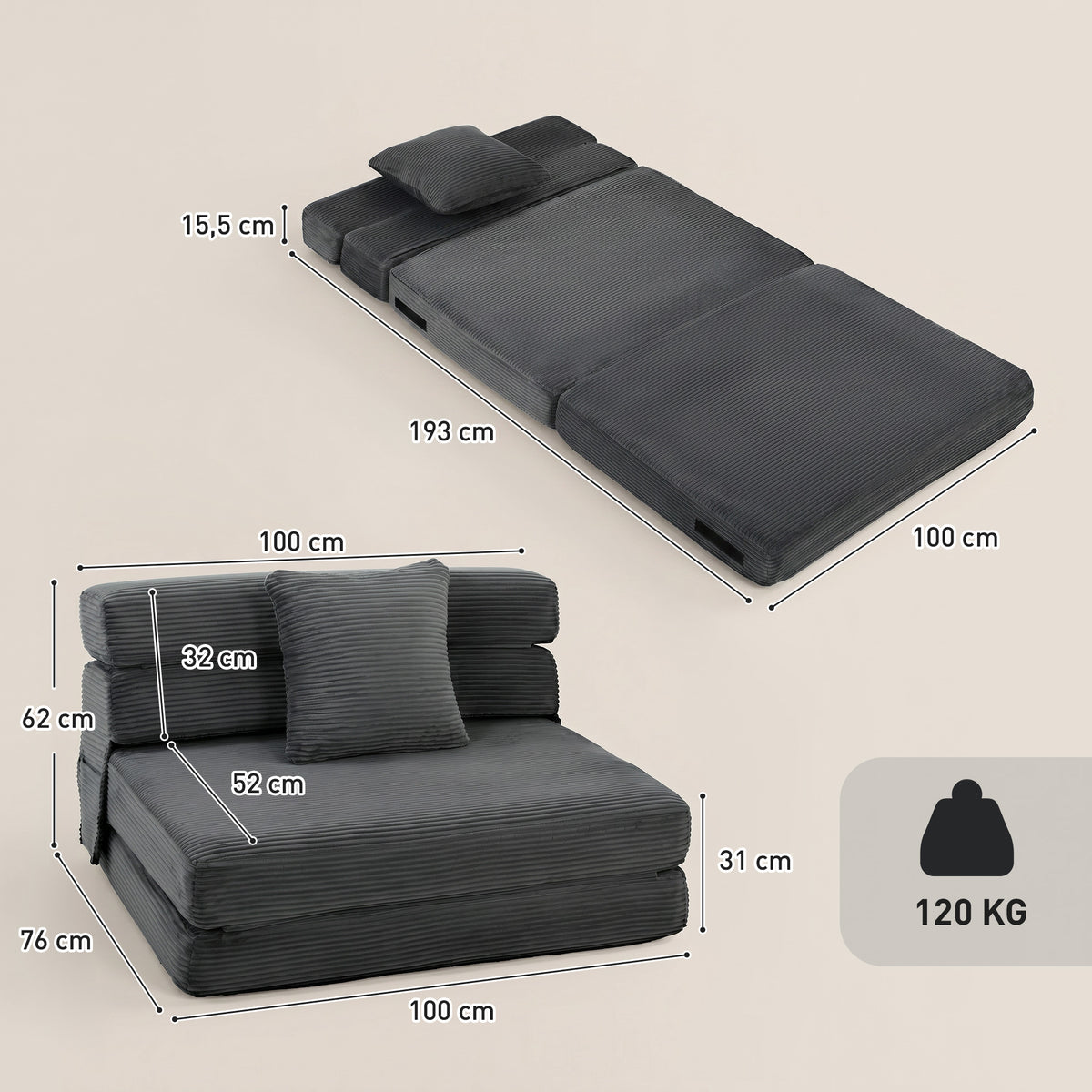 2-in-1 Boneless Cloud Bodenstuhl, klappbares Schlafsessel mit Cord-Optik & Lendenkissen, Dunkelgrau
