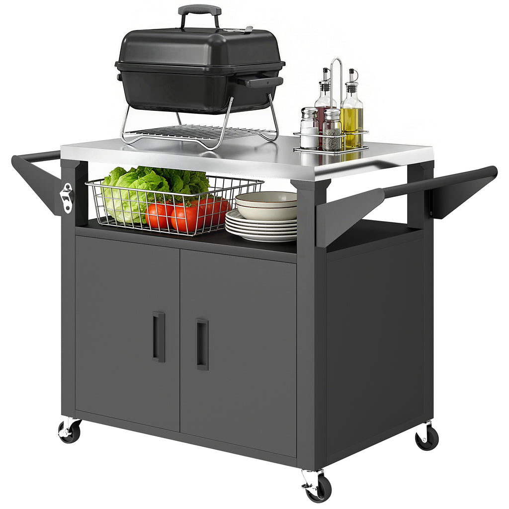 Küchenwagen mit Rollen, Servierwagen, Rollwagen mit Schrank, Griffe, Edelstahloberfläche 117 x 55 x 78 cm Schwarz