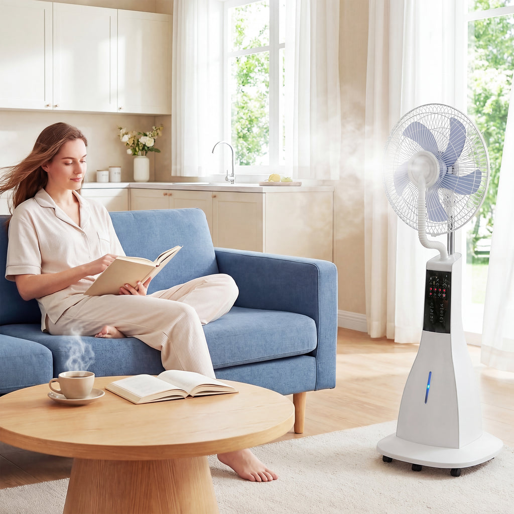 Stehventilator mit Wassernebel, 75° Oszillation, 3 Geschwindigkeiten, 3 Modi, Weiß