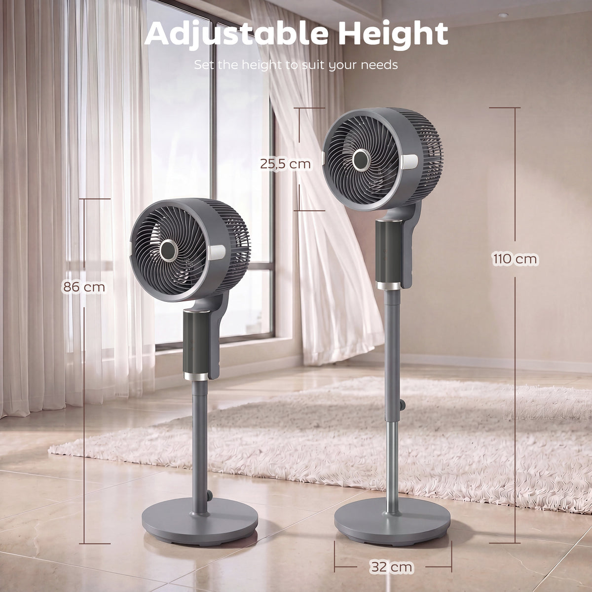 Standventilator Luftzirkulator Lüfter mit 8 Geschwindigkeitsstufen LED-Display Fernbedienung Timer 90° Oszillation Grau
