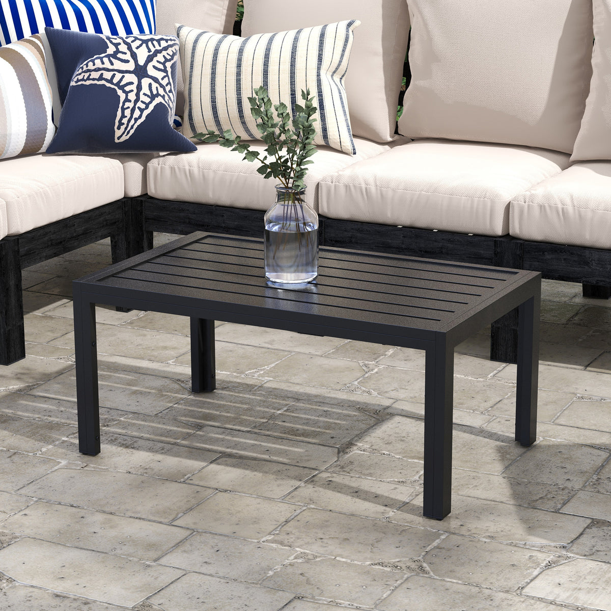 Outdoor Side Table, Rectangular Patio Coffee Side Table with Steel Frame and Slat Tabletop for Garden, Balcony, Black