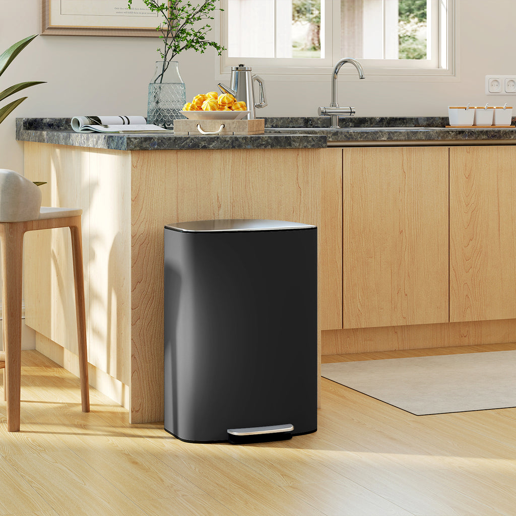 Mülleimer Küche 50 Liter Treteimer mit Bleib-Offen-Funktion, Soft-Close-Deckel, Pedal, Schwarz