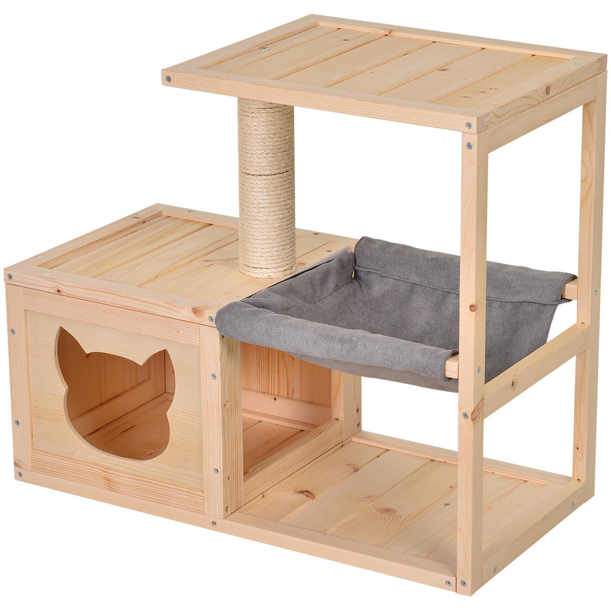 Katzenhöhle, Katzenbett mit Hängematte, Sisalstamm, Plattform Katzenhaus aus Holz Kratzbaum für Katzen für Indoor 70 x 35 x 60 cm Natur
