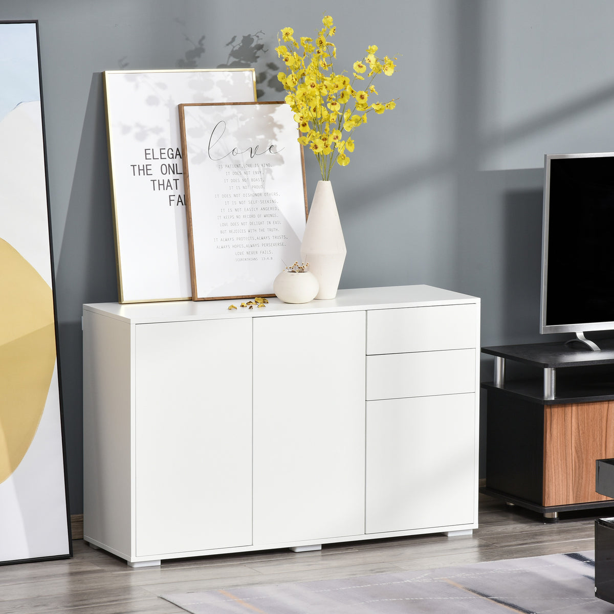 Sideboard Kommode Anrichte, 2 Schubladen, Push-Click, 117 cm x 36 cm x 74 cm, Wei?