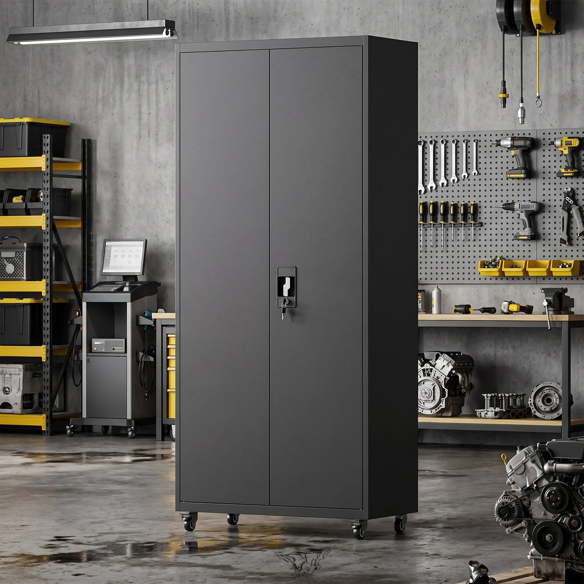 Metal Storage Cabinet, 180 cm Tall Lockable Steel Tool Cabinet with Removable Wheels and Adjustable Shelves, Black