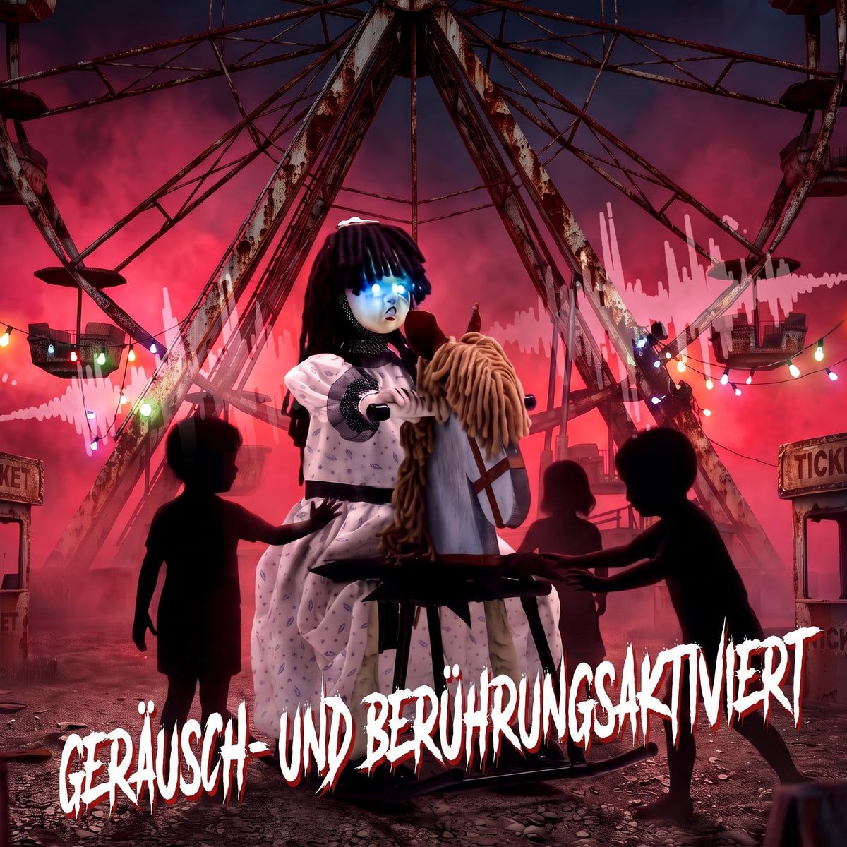 Animated Halloween Girl Riding Horse, Halloween Animatronics with Creepy Rhymes, Glowing Eyes, Sound/Touch Activated