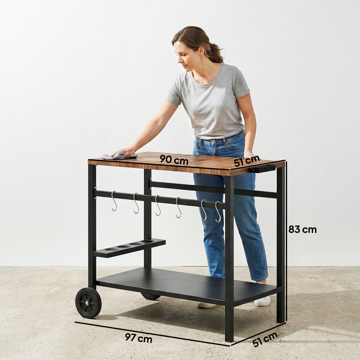 Küchenwagen mit Rollen, Servierwagen, Rollwagen mit Haken, Getränkehalter, Metall, 97 x 51 x 83 cm Schwarz+Braun