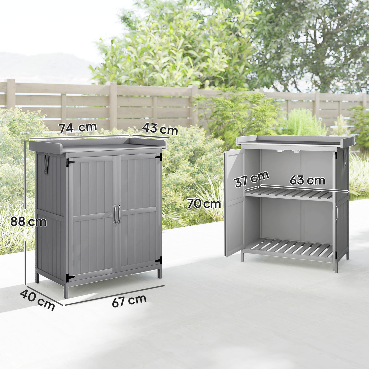 Gartenschrank, Werkzeugschrank für den Außenbereich, mit Arbeitsfläche, Holz und Edelstahl, Doppeltüren, Grau