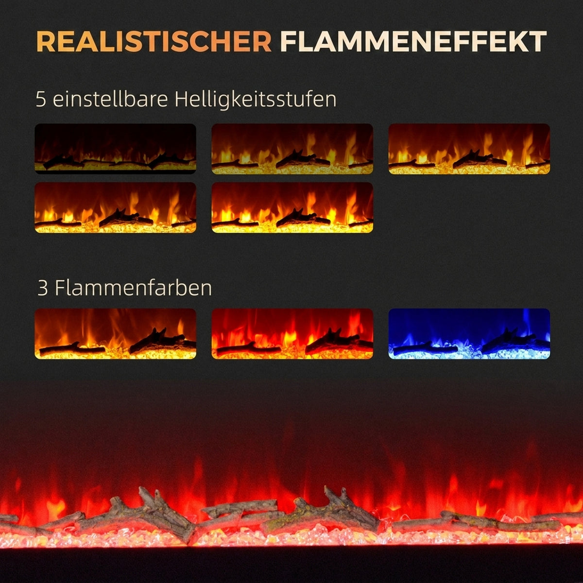 Elektrokamin mit Heizung 1800 W LED 3D-Flammeneffekt 152,4cm Schwarz
