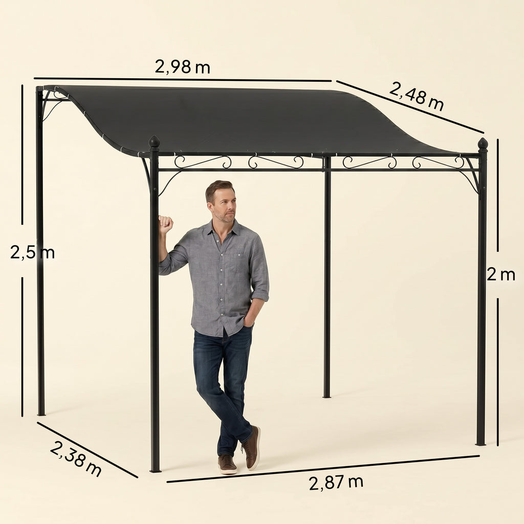 3 x 2,5 m Pergola, Wandmontierter Garten-Pavillon, wasserbeständig, Metallrahmen, Ablauflöcher, Schattendach, Dunkelgrau