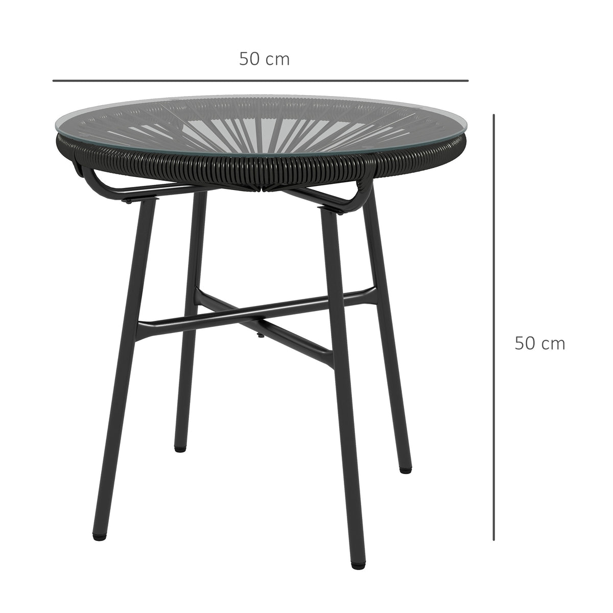 Gartentisch Boho-Stil Outdoor Beistelltisch, PE-Rattan, geh?rtetes Glas, wetterbest?ndig, 50?cm x 50?cm x 50?cm, Schwarz