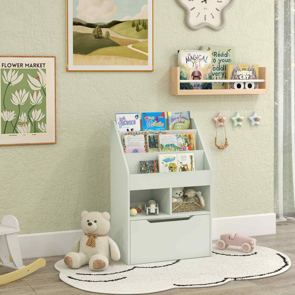 Kinderregal mit Schublade, Bücherregal mit Fächern, 60 x 29,9 x 90 cm, Grün