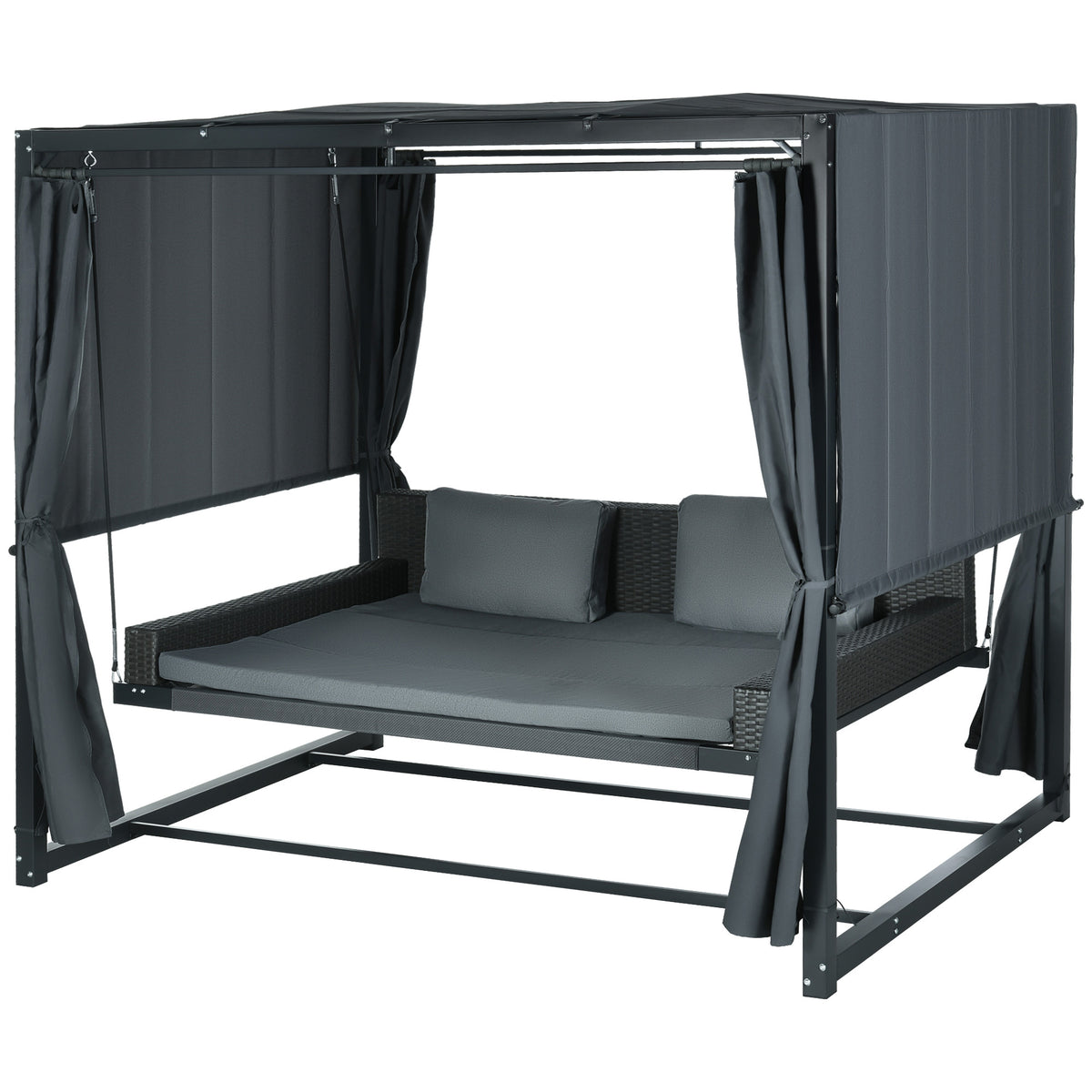 Outdoor-Schaukelbett aus PE-Rattan mit Baldachin, inkl. Kissen, wetterbeständig, 235 cm x 180 cm x 210 cm, Grau