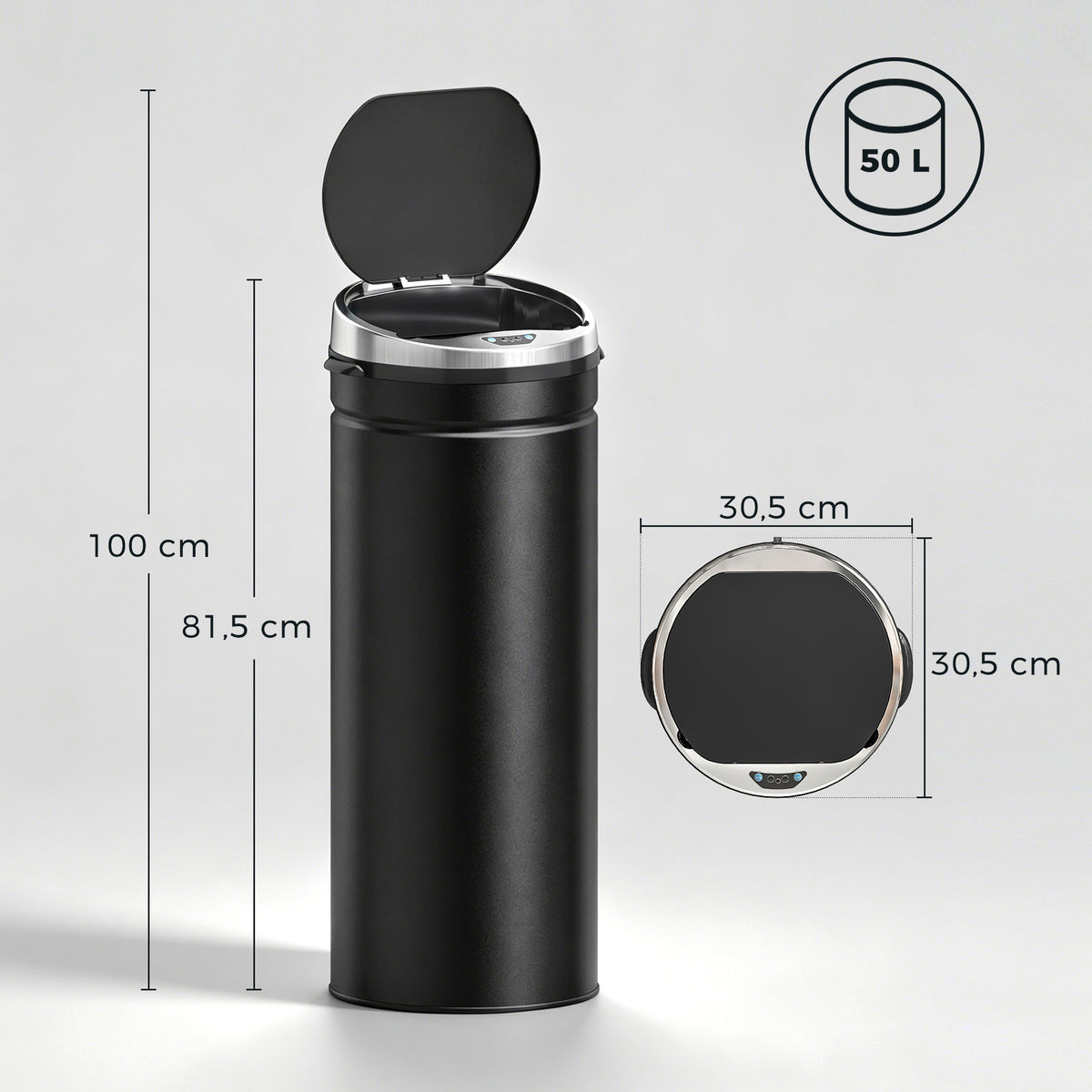 50L Automatic Motion Sensor Rubbish Bin with Fingerprint Resistant, Stainless Steel, Black