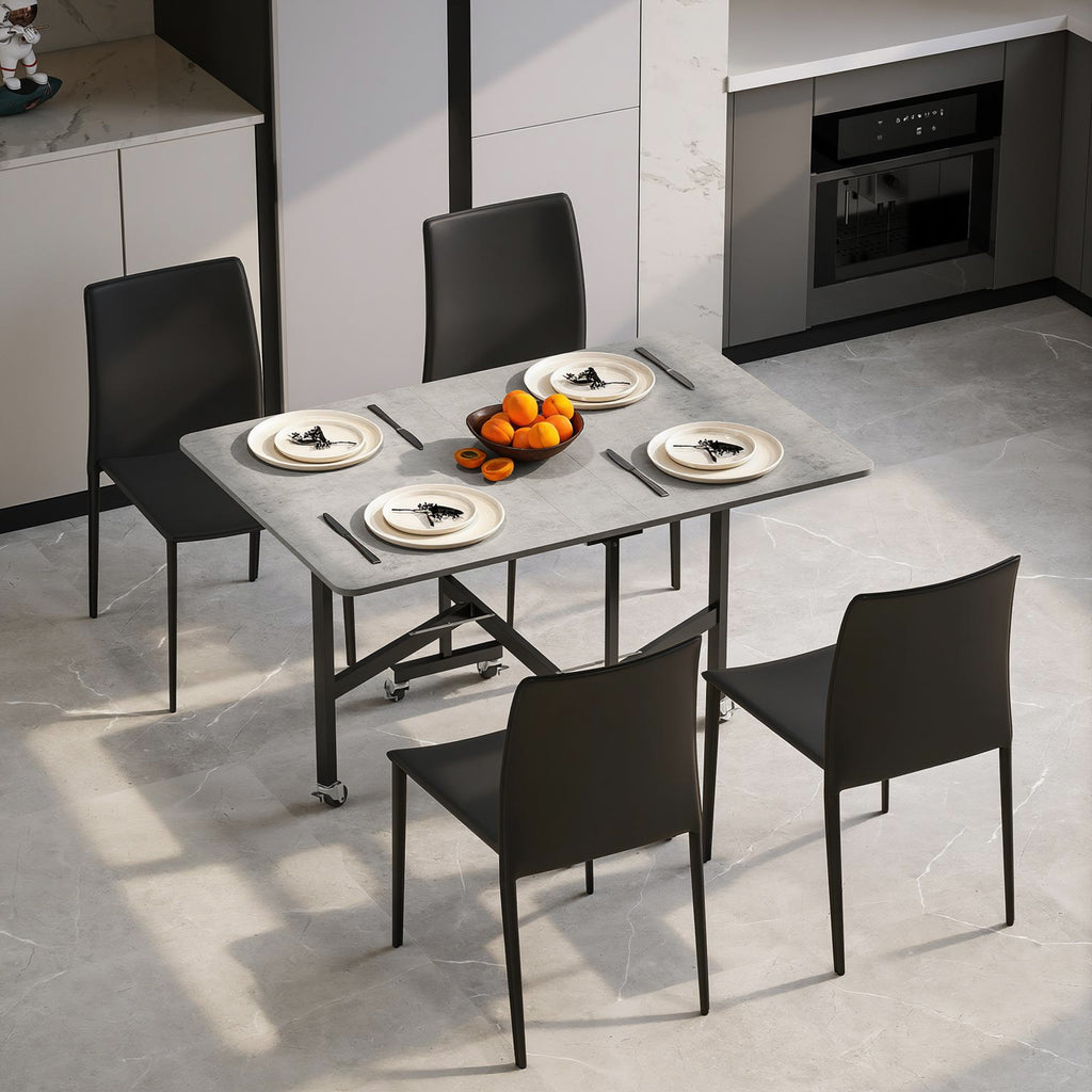 Mobile Drop Leaf Table, Folding Dining Table with 6 Wheels & Brakes, Kitchen Table for Small Spaces, Grey Marble Effect