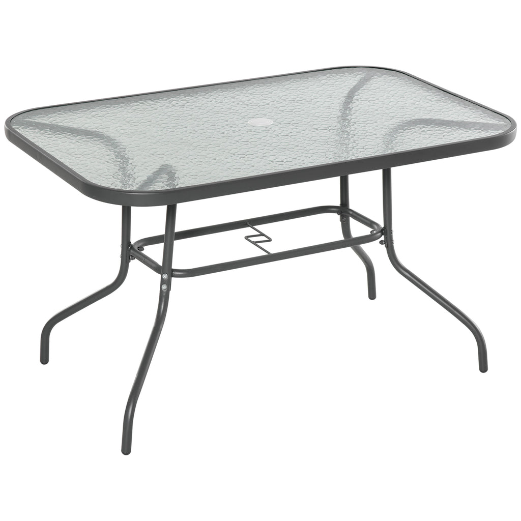 Garden Dining Table Glass Top Metal Frame with Parasol Hole Outdoor Balcony Grey 120L x 80Wcm
