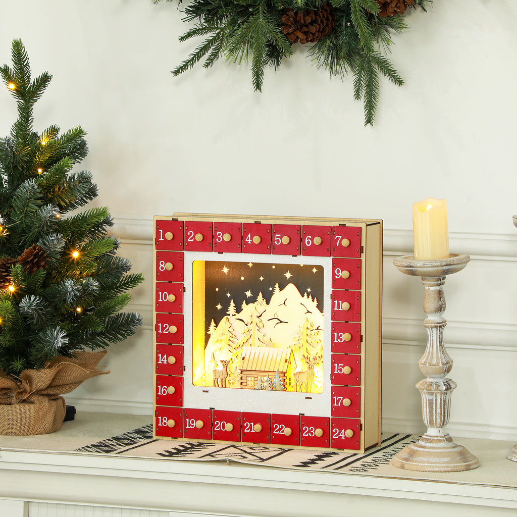 LED Adventskalender mit Dorfszene, 24 große Schubladen, MDF, 34 x 7 x 34 cm, Rot