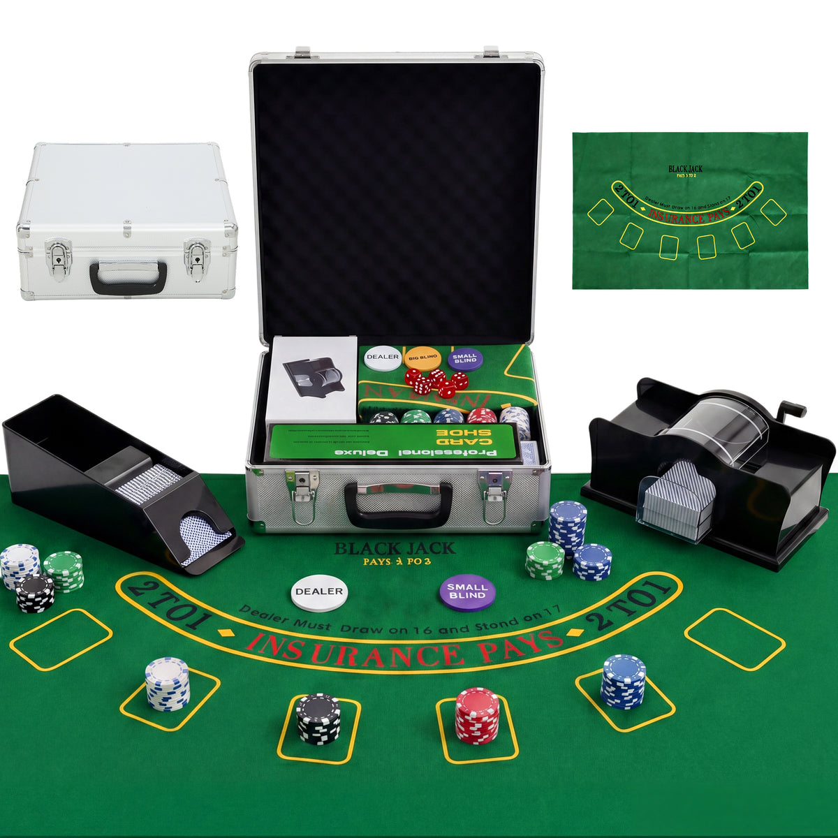 500-Piece Poker Chips Set with Card Shuffler, Card Shoe, Case, Casino Texas Holdem Poker Set with Mat, Silver Tone