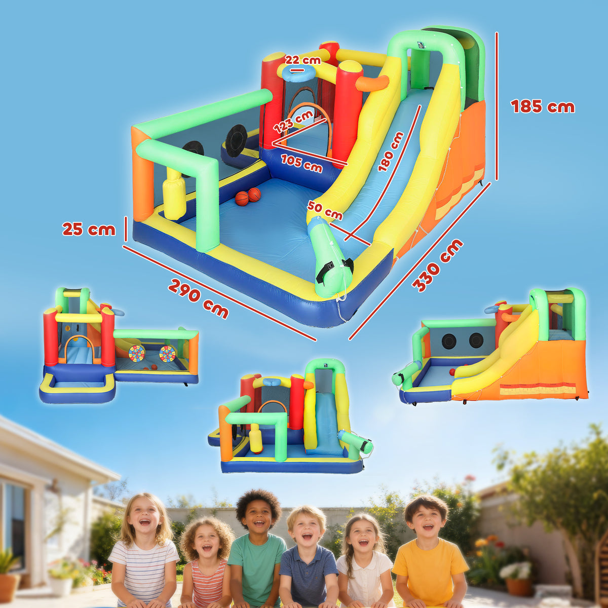 9-in-1 Aufblasbare Hüpfburg mit Gebläse Rutsche Planschbecken Wasserpistole für 3-8 Jahre 330x290x185 cm Mehrfarbig