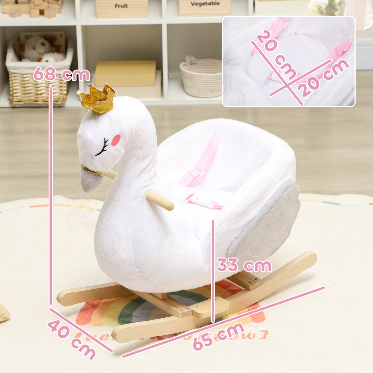 Schaukeltier, Schwan-Schaukel mit Schlaflied, weicher F¨¹llung, Holzrahmen, f¨¹r Kinder 1,5-3 Jahre, 65x40x68 cm, Wei?
