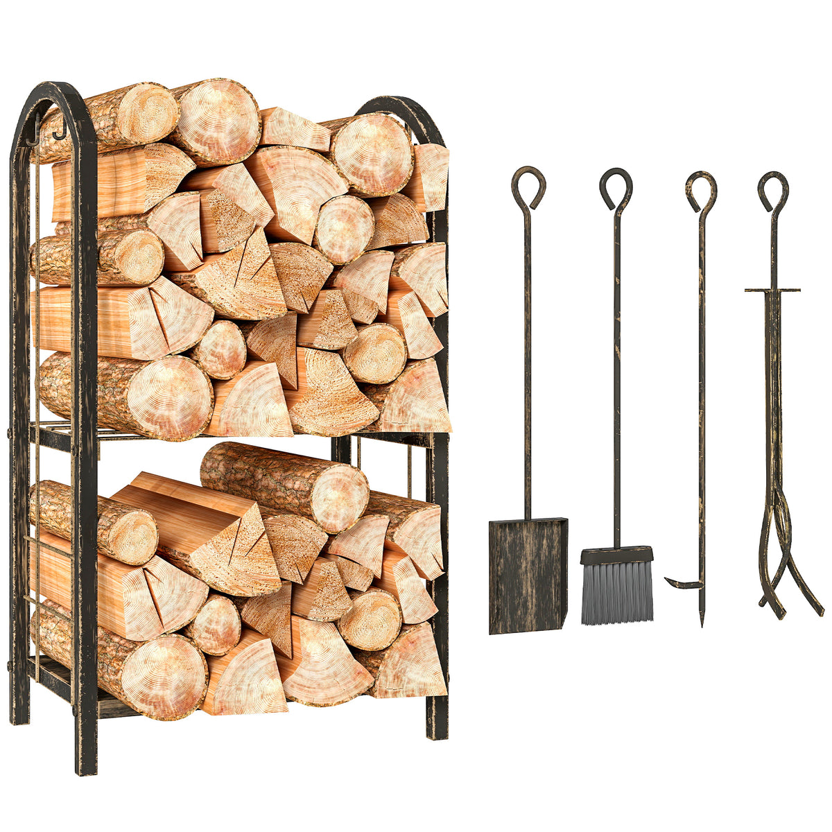 Kaminholzregal für innen 43 x 30 x 74cm 2 Ebenen Brennholzregal mit 4 Kaminwerkzeug, Haken