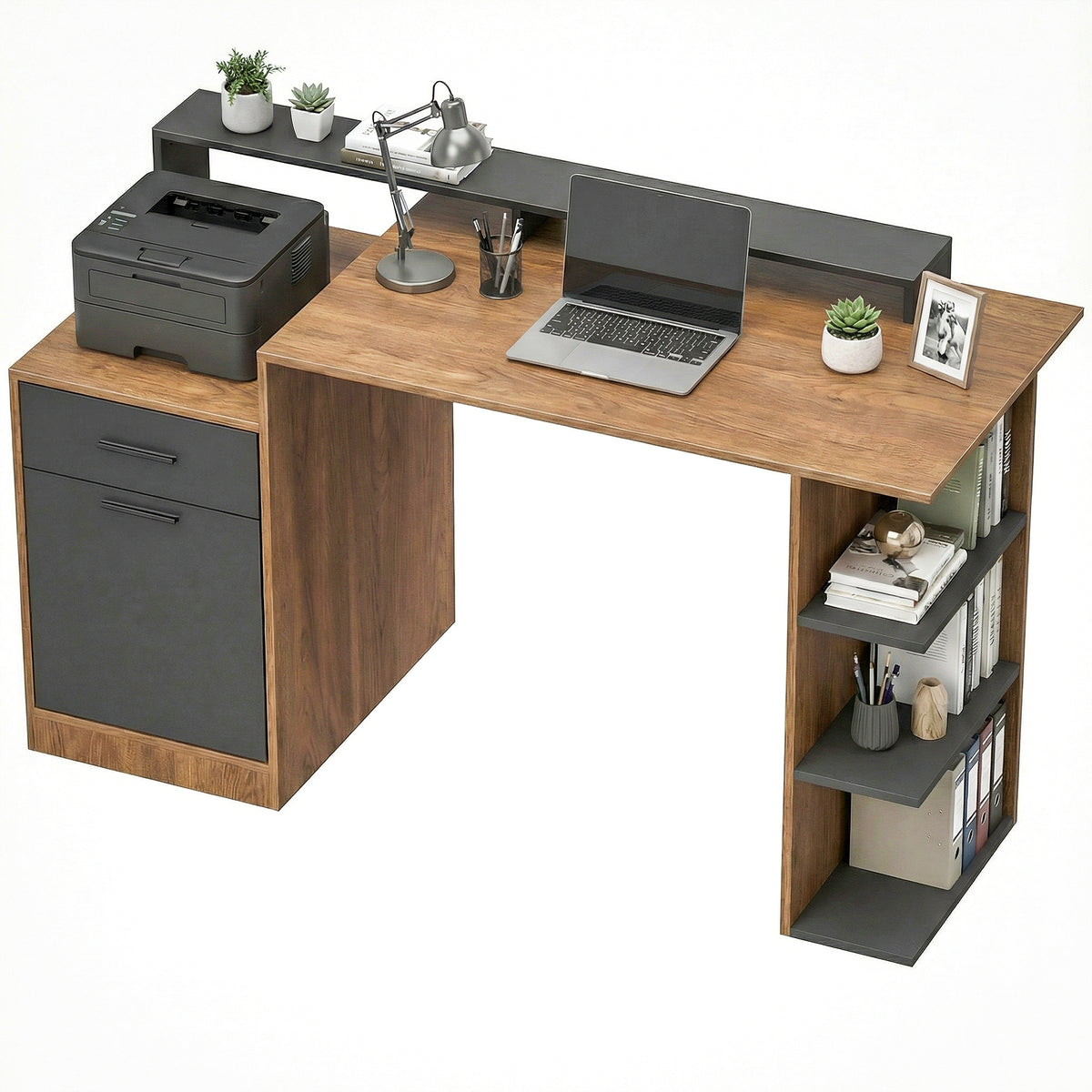Computertisch mit Stauraum und Regalen, Moderner Schreibtisch für Büro und Arbeitszimmer, 140 cm, Eiche