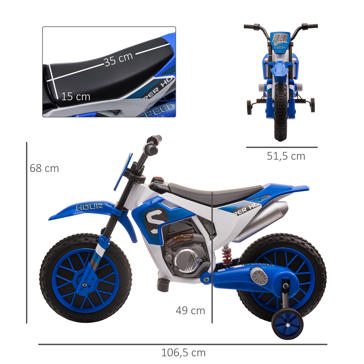 Kindermotorrad, Elektromotorrad, 45 Min Fahrzeit, mit Stützrädern, ab 3 Jahren, blau+weiß, 106,5 x 51,5 x 68cm