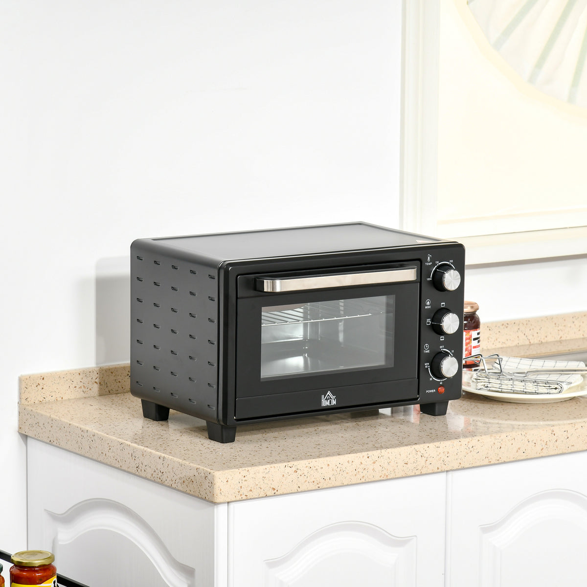 Minibackofen, 21 L Toasterofen mit 1 Drahtgestell und 1 Backblech, 3 Kochmodi, 100?¡ãC-230?¡ãC, Edelstahl, Glas, Schwarz