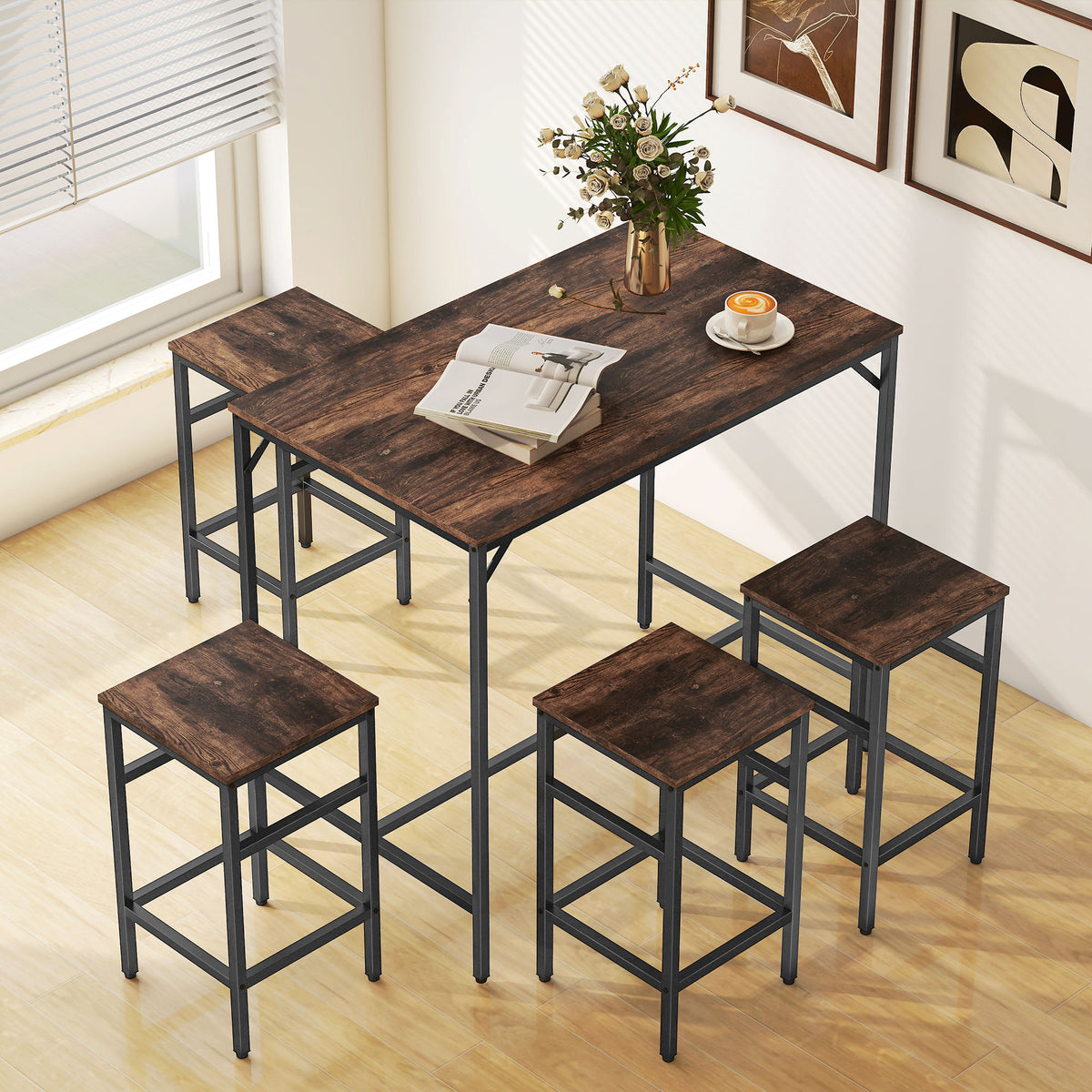 5-Piece Breakfast Bar Table and Stools Set, Kitchen Bar Table Set with High Table and 4 Stools, Space Saving Compact Dining Furniture for Small Spaces, Rustic Brown