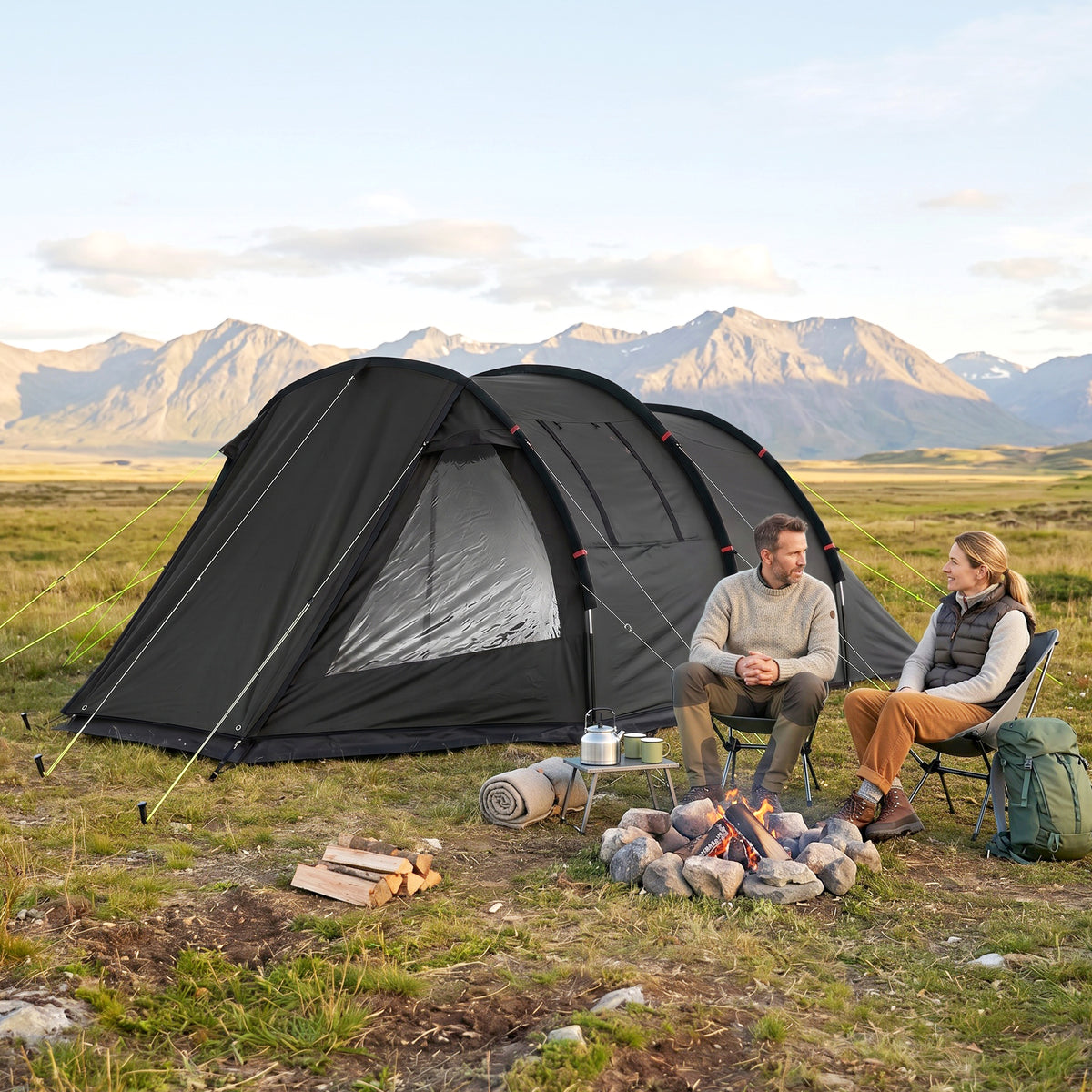 Campingzelt Trekkingzelt Zelt, wetterbeständig, 2 Räume, 475 x 264 cm Breite x 172, Schwarz