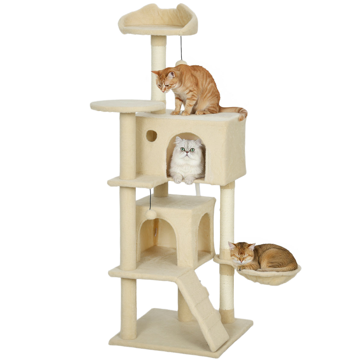 140cm Large Cat Tree Tower with Sisal Scratching Posts, Condos, Plush Perches, Hammock, Ladder, Beige