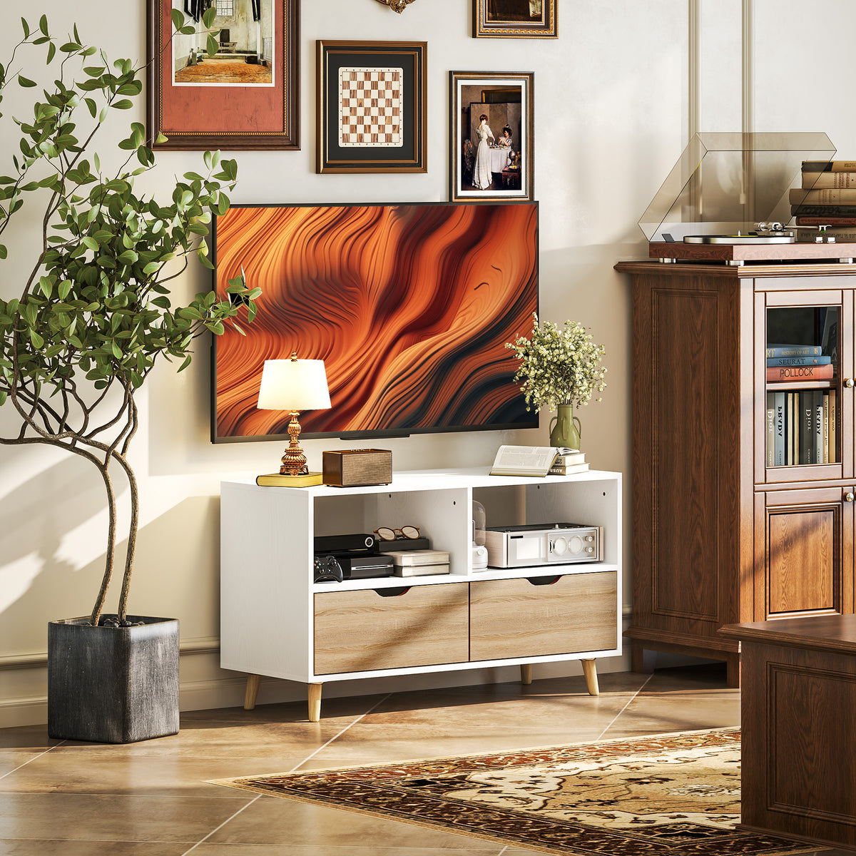 TV-Schrank, TV-Kommode mit Schubladen, Offene Regale, Holz, 99 x 39 x 58 cm, Wei?