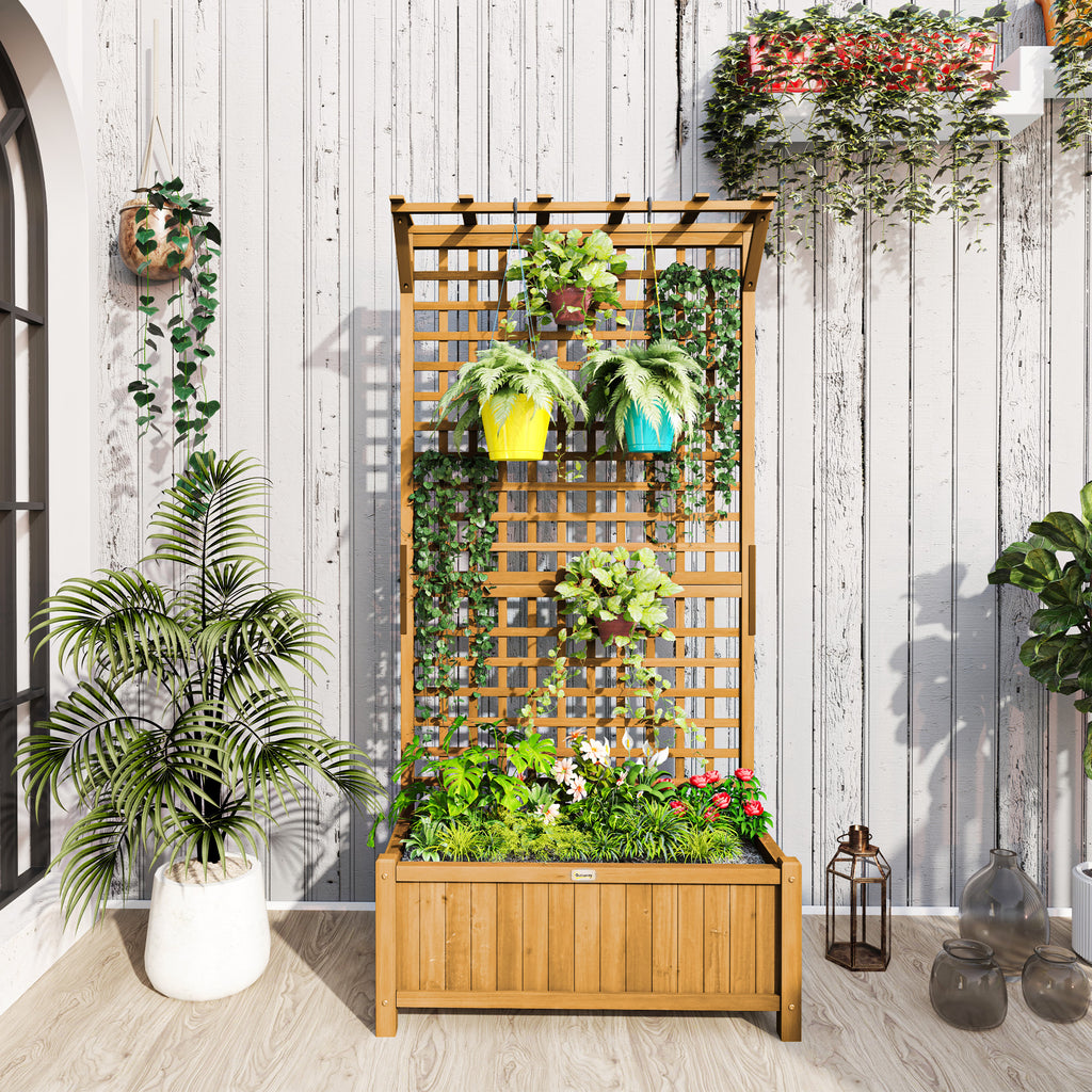 Raised Bed with Drainage Holes, Wood Planter with Trellis for Climbing Plants to Grow Vegetables, Flowers, Yellow