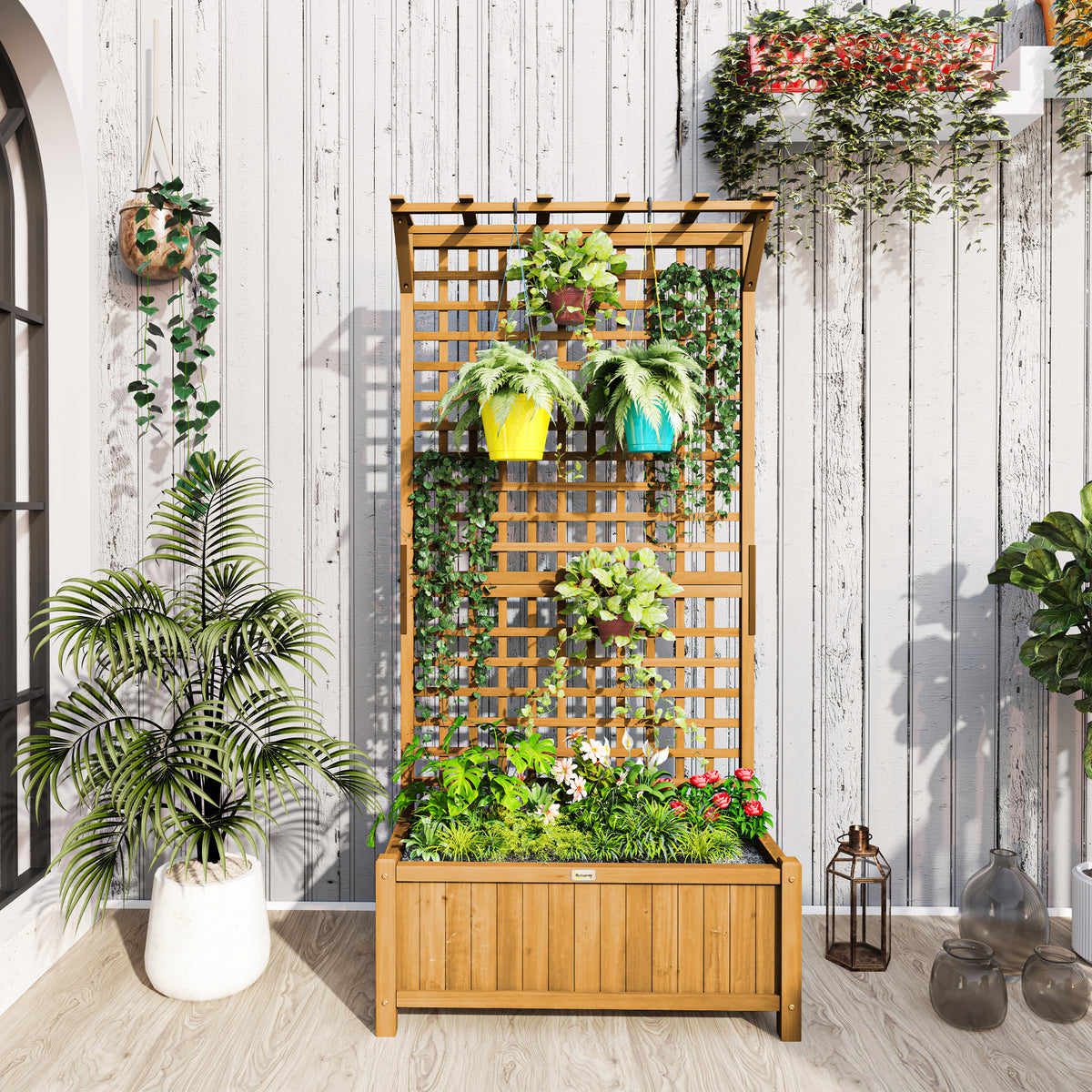 Raised Bed with Drainage Holes, Wood Planter with Trellis for Climbing Plants to Grow Vegetables, Flowers, Yellow