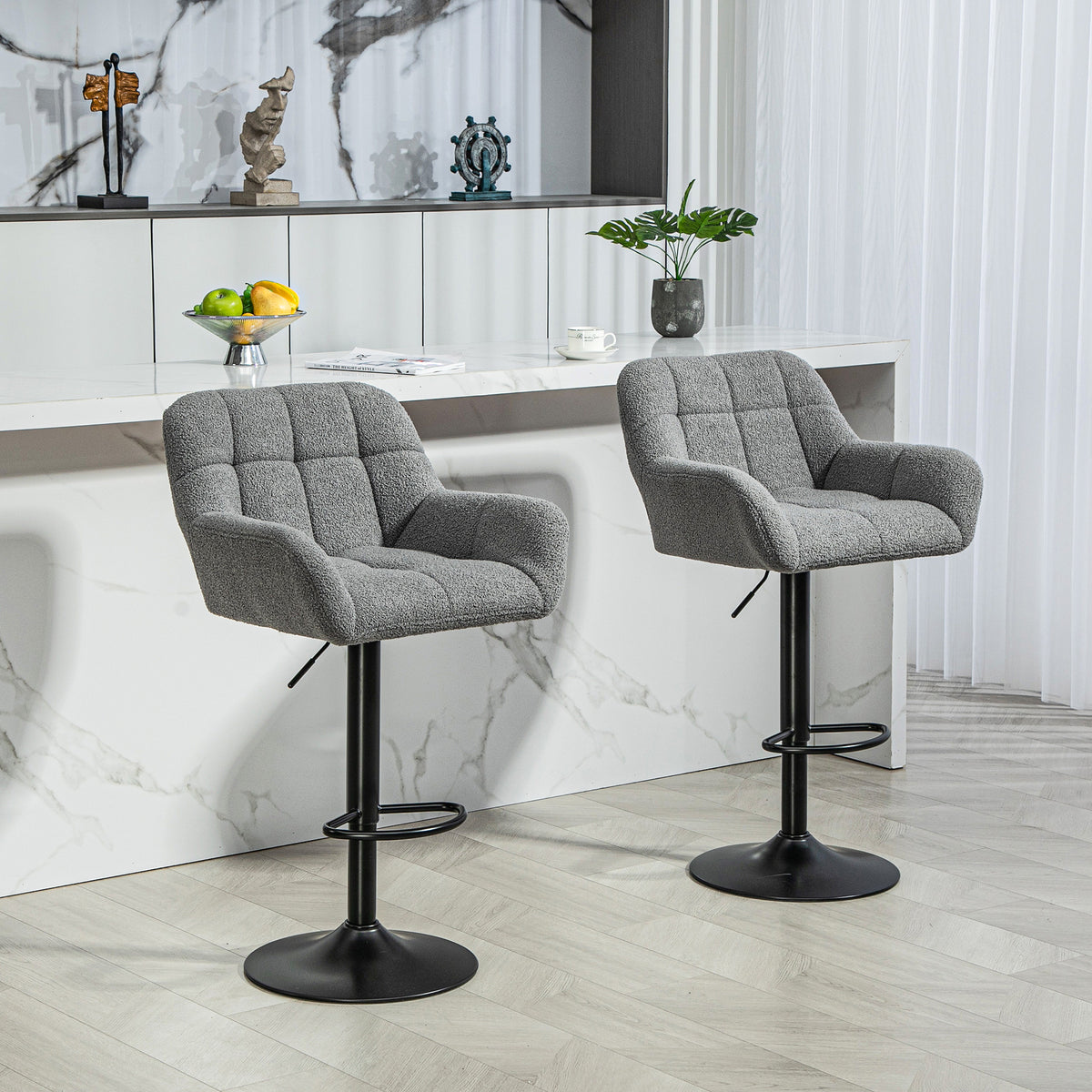 Barhocker 2er-Set Retro-Design höhenverstellbar Fleece-Optik Grau + Schwarz