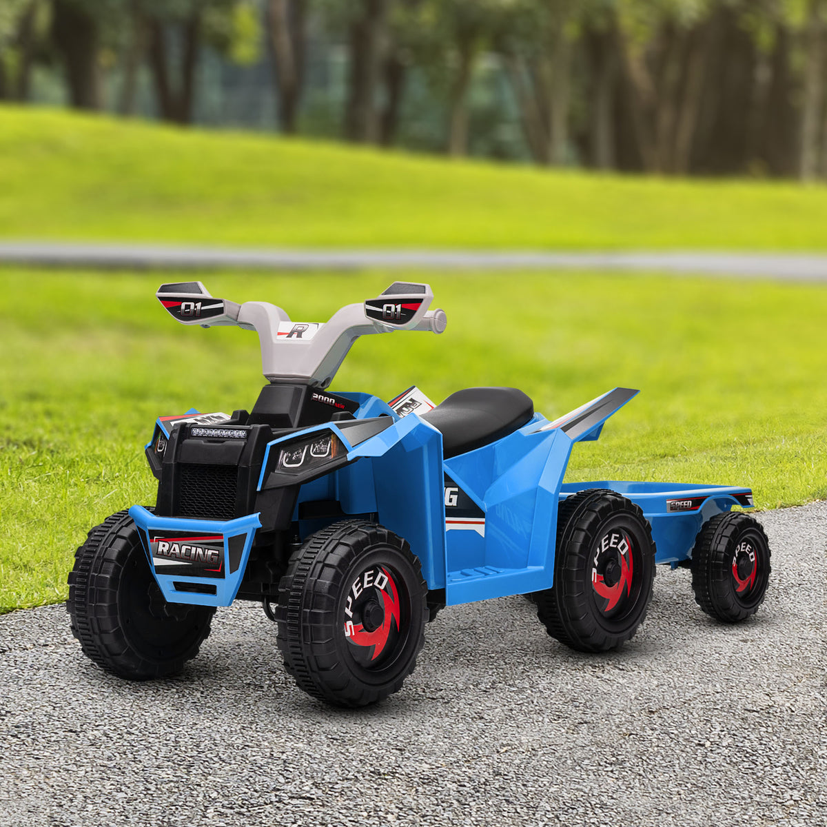 Kinderquad, aufladbar, 2,5 km/h, mit Anhänger, 50 Min. Fahrzeit, für Kinder 1,5 bis 3 Jahre, Blau
