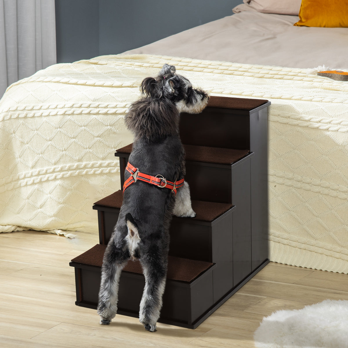 Haustiertreppe, für Hunde/Katzen, 4-stufig, Kurzplüsch, bis 30 kg, 40 x 59 x 54,2 cm, Dunkelbraun
