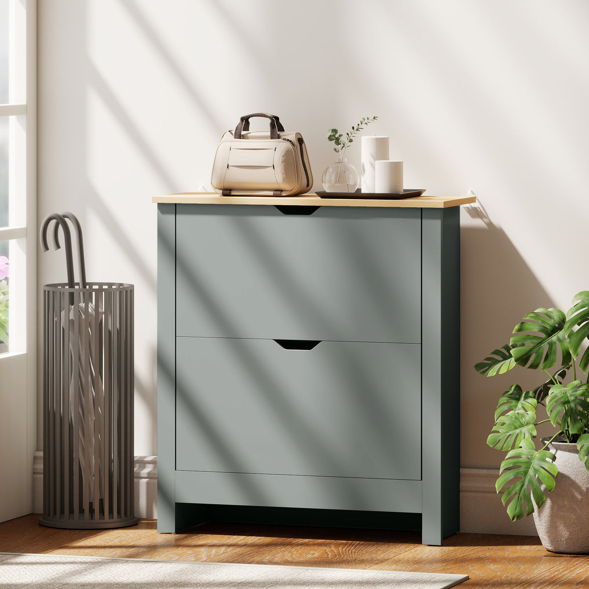 Schuhschrank mit 2 Klappfächern, verstellbar Trennwand für 8-12 Paar Schuhe, 72 x 26 x 80 cm, Hellgrau