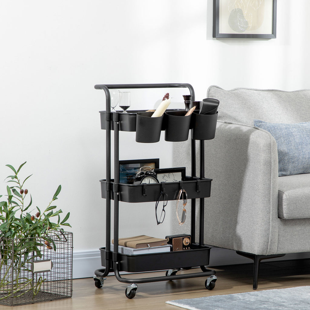 Three-Tier Home Trolley, with Handle and Wheels - Black