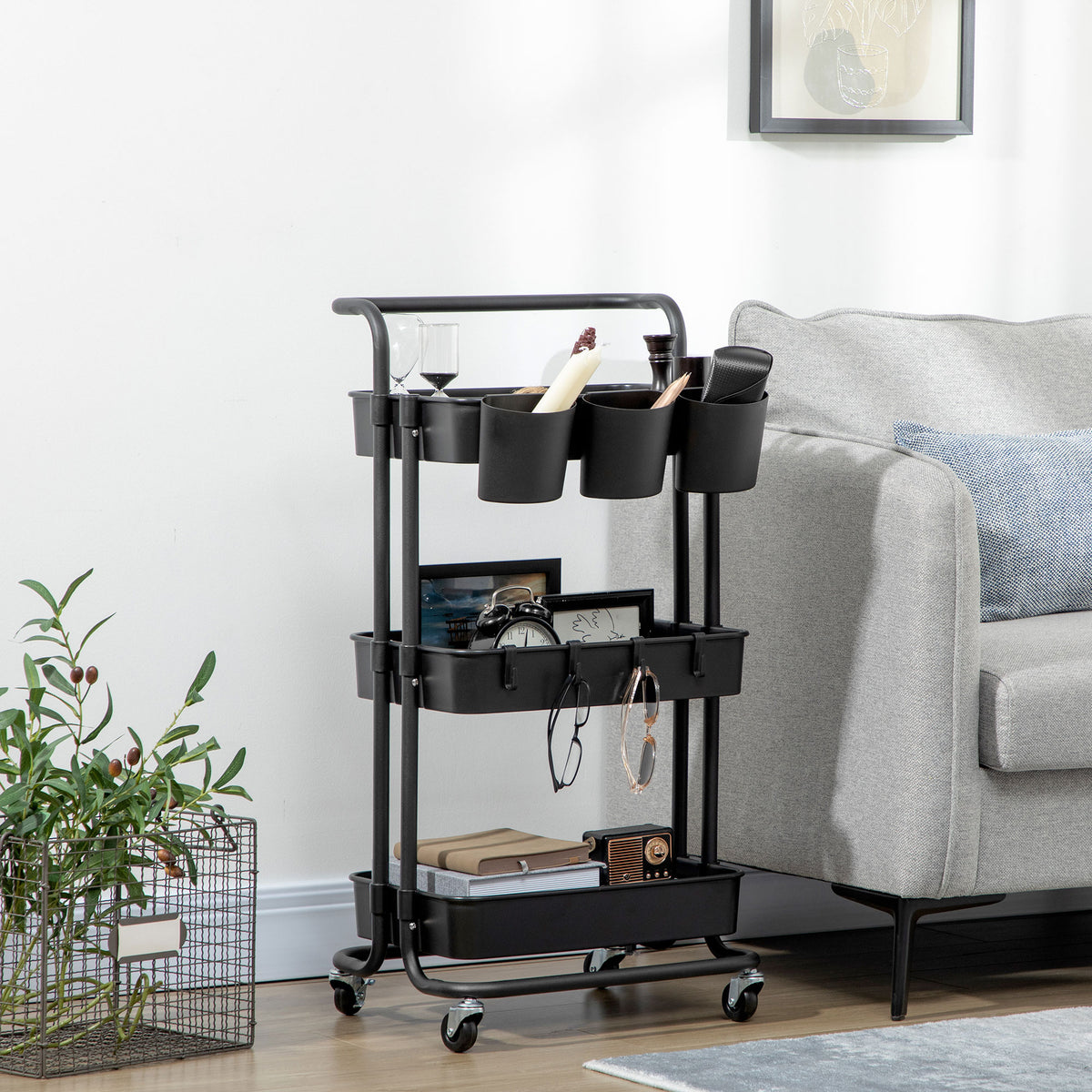 Three-Tier Home Trolley, with Handle and Wheels - Black