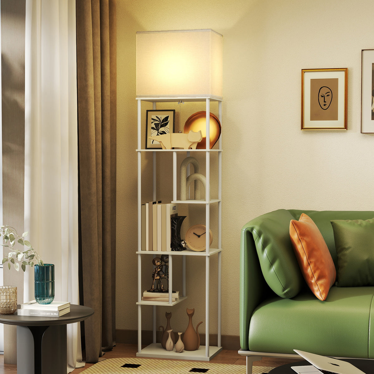 Stehlampe Stehleuchte mit Regalen, einstellbare Helligkeit & Farbtemperatur für Schlafzimmer, Büro, Wohnzimmer, Weiß