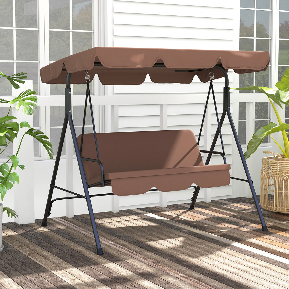 Three-Seat Garden Swing Chair, with Adjustable Canopy - Brown