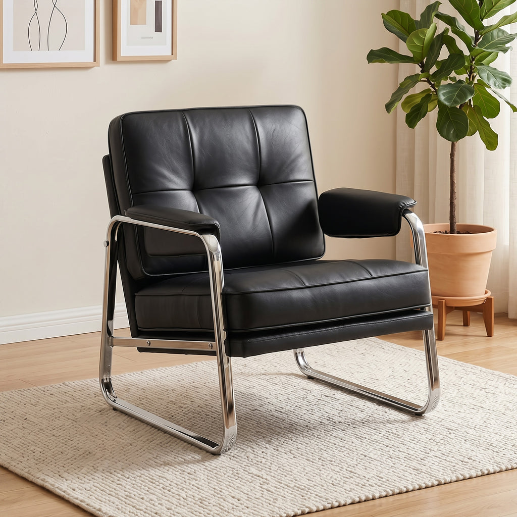 Sessel Loungesessel mit breiter Sitz, Armlehnen, Stahlbeinen, aus Kunstleder für Wohnzimmer, Schlafzimmer, Schwarz