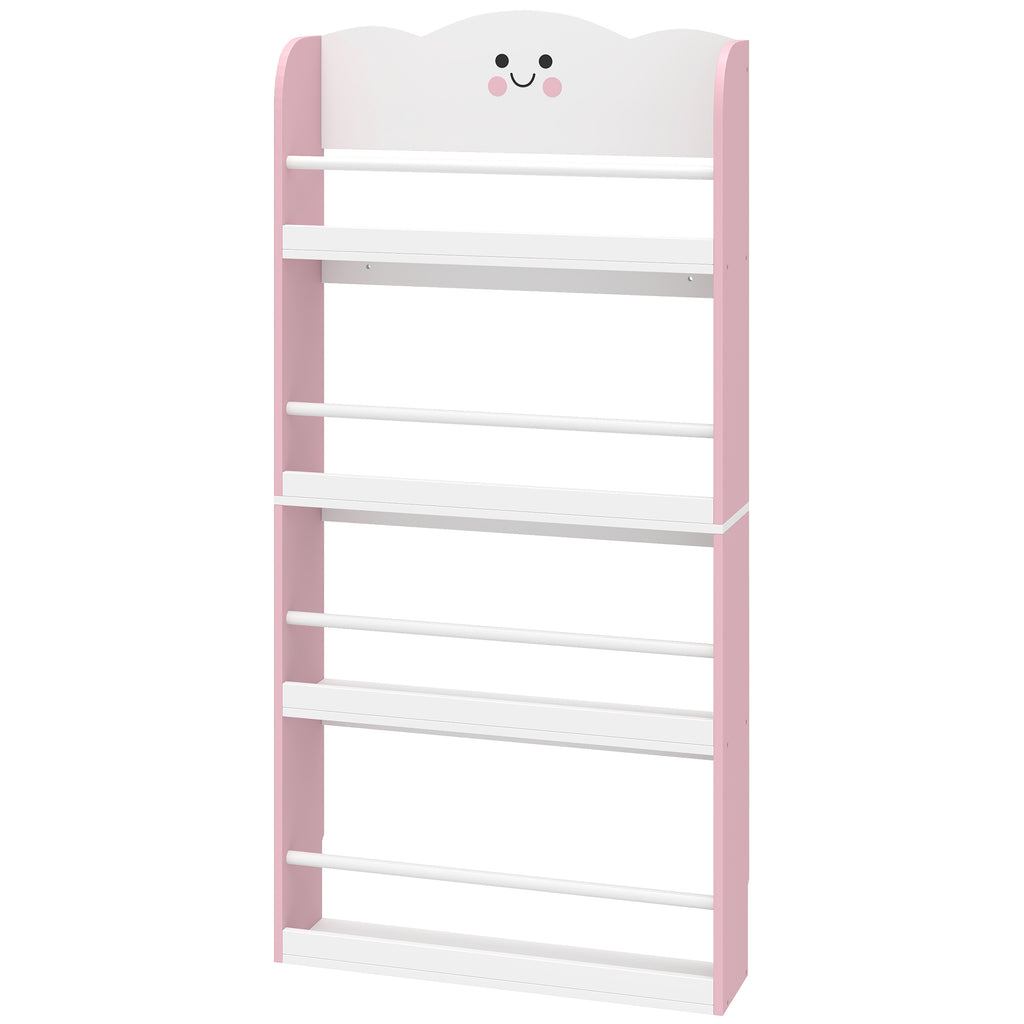 4 Tier Kids Bookshelf, Wall-Mounted Children Bookcase, Toddler Space-Saving Bookcase for Kids Room, Playroom, Pink
