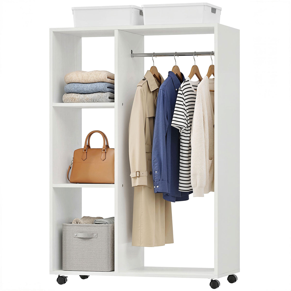 Kleiderschrank auf Rollen, mobile Garderobe, Garderobenschrank, Rollbarer Kleiderst?nder, 80 x 40 x 128 cm, Wei?