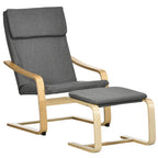 Sessel mit Fußhocker, Sessel-Set, Leinenoptik, Massivholz, Grau + Natur