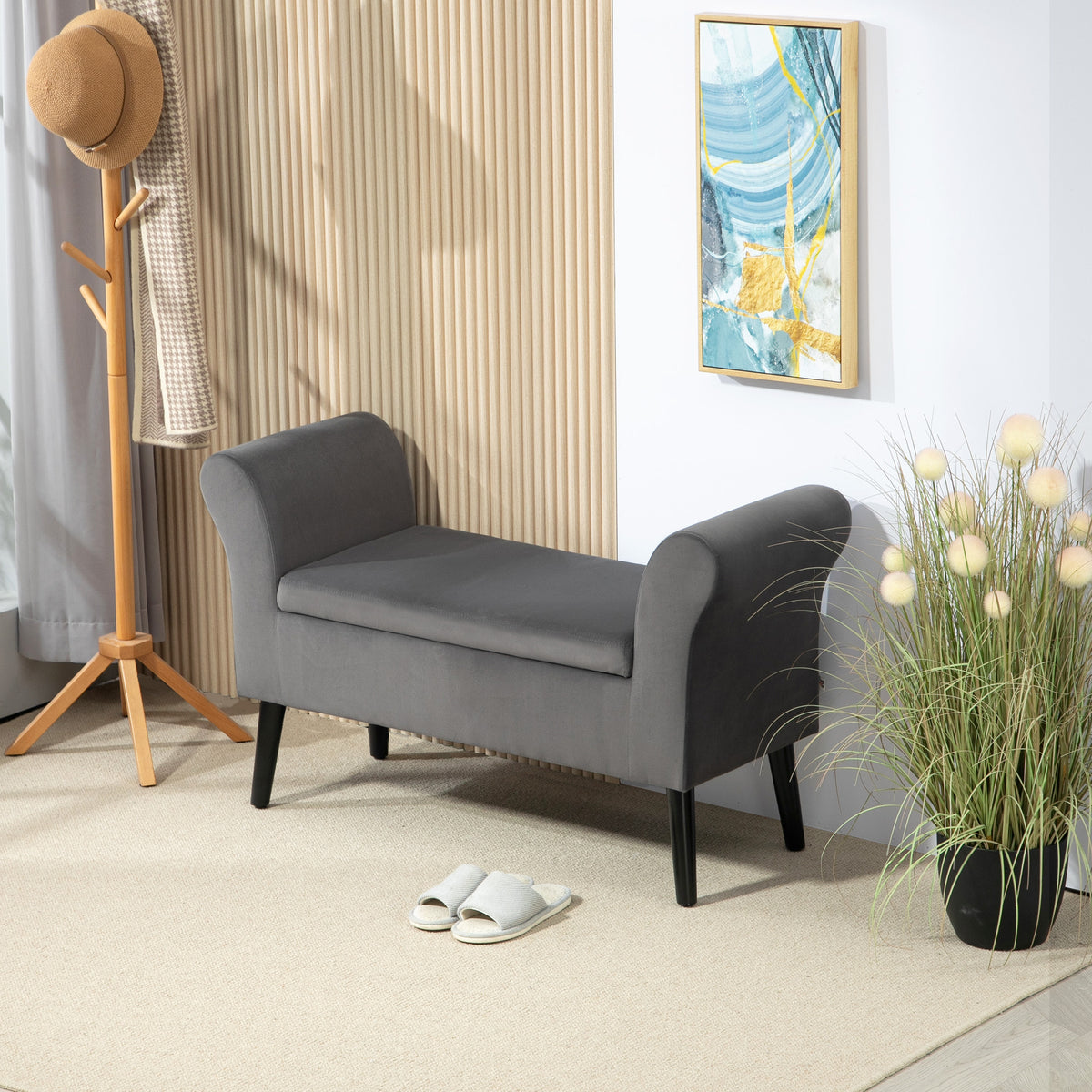 Polsterbank mit Stauraum, Truhenbank mit Armlehnen, 46 cm Sitzh?he, samtartiges Polyester, 111,5 x 41 x 65 cm, Dunkelgrau