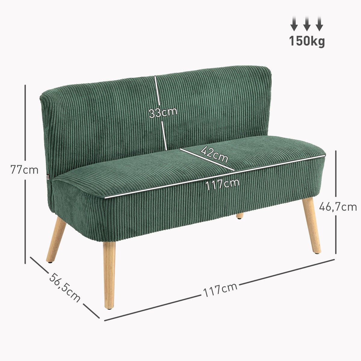 2-Sitzer Polstersofa, Holz, Samtartiges Polyester, Schaumstoff, 117 x 56,5 x 77 cm, Gr¨¹n