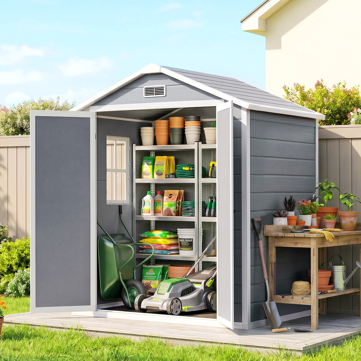 6'x4.5' Garden Storage Shed, Lockable Garden Shed with Double Doors, Window, Vent and Plastic Roof, Grey