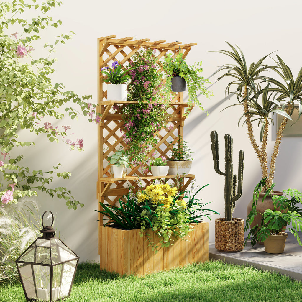 52L Wooden Planter, with Trellis and Shelves - Natural Finish